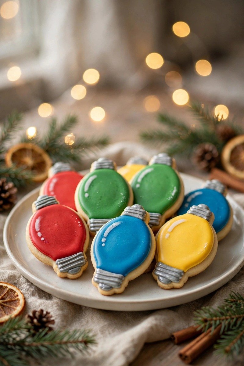 Sugar cookies decorated like colorful Christmas light bulbs