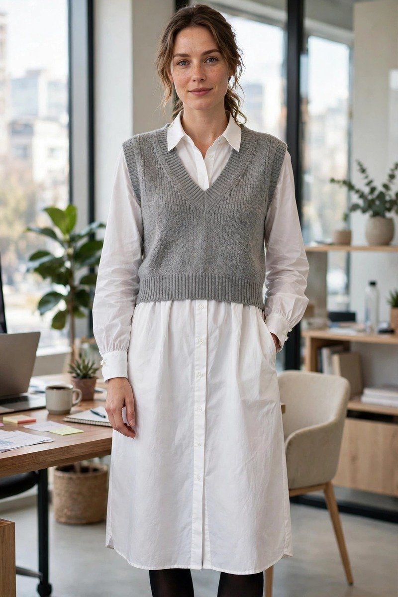 Shirt dress with a sweater vest