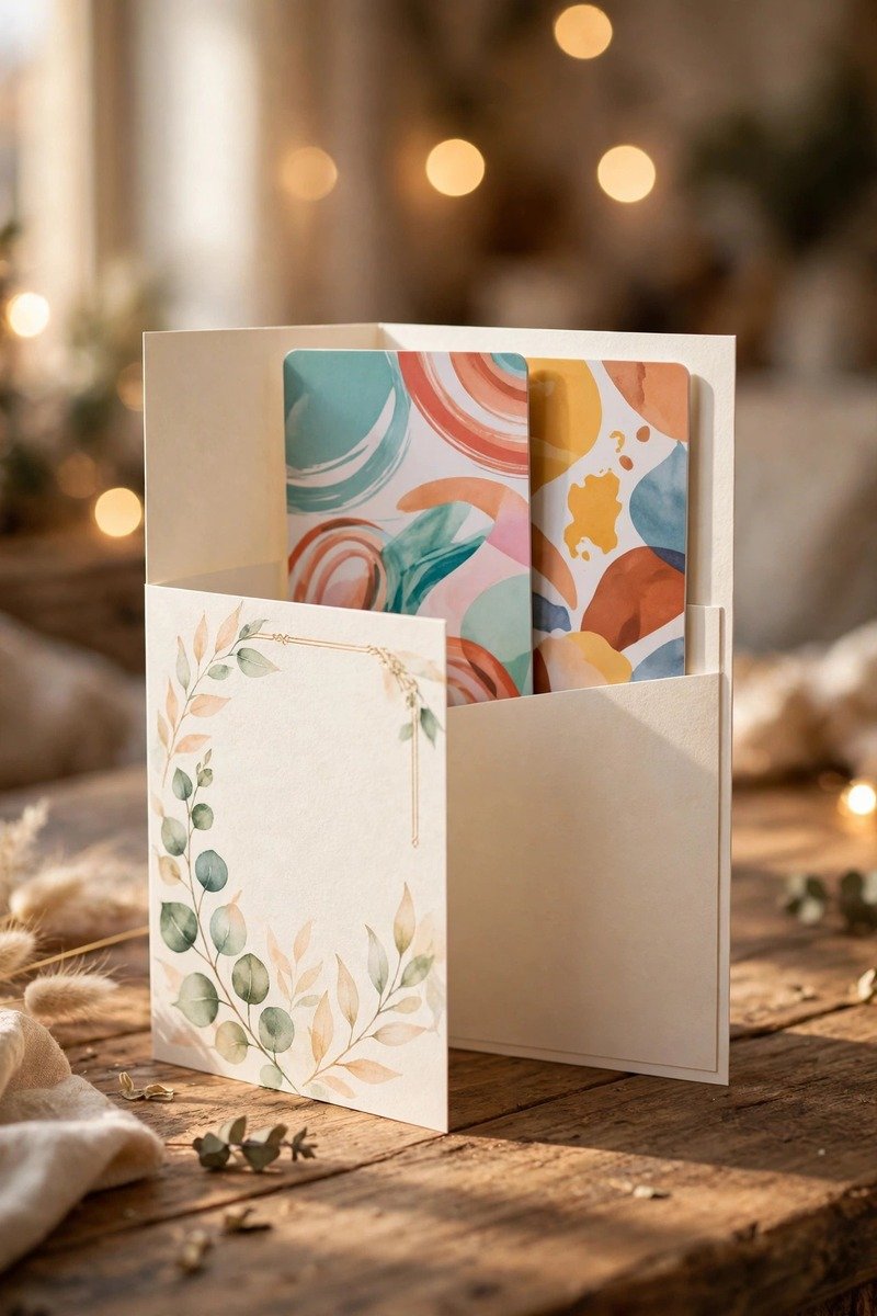 Gift cards on a wooden table