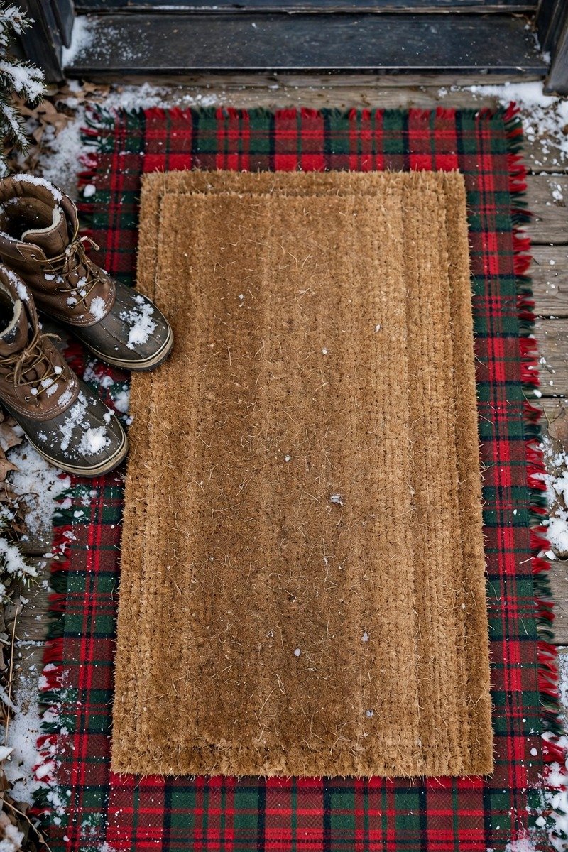Layered doormats on a winter porch
