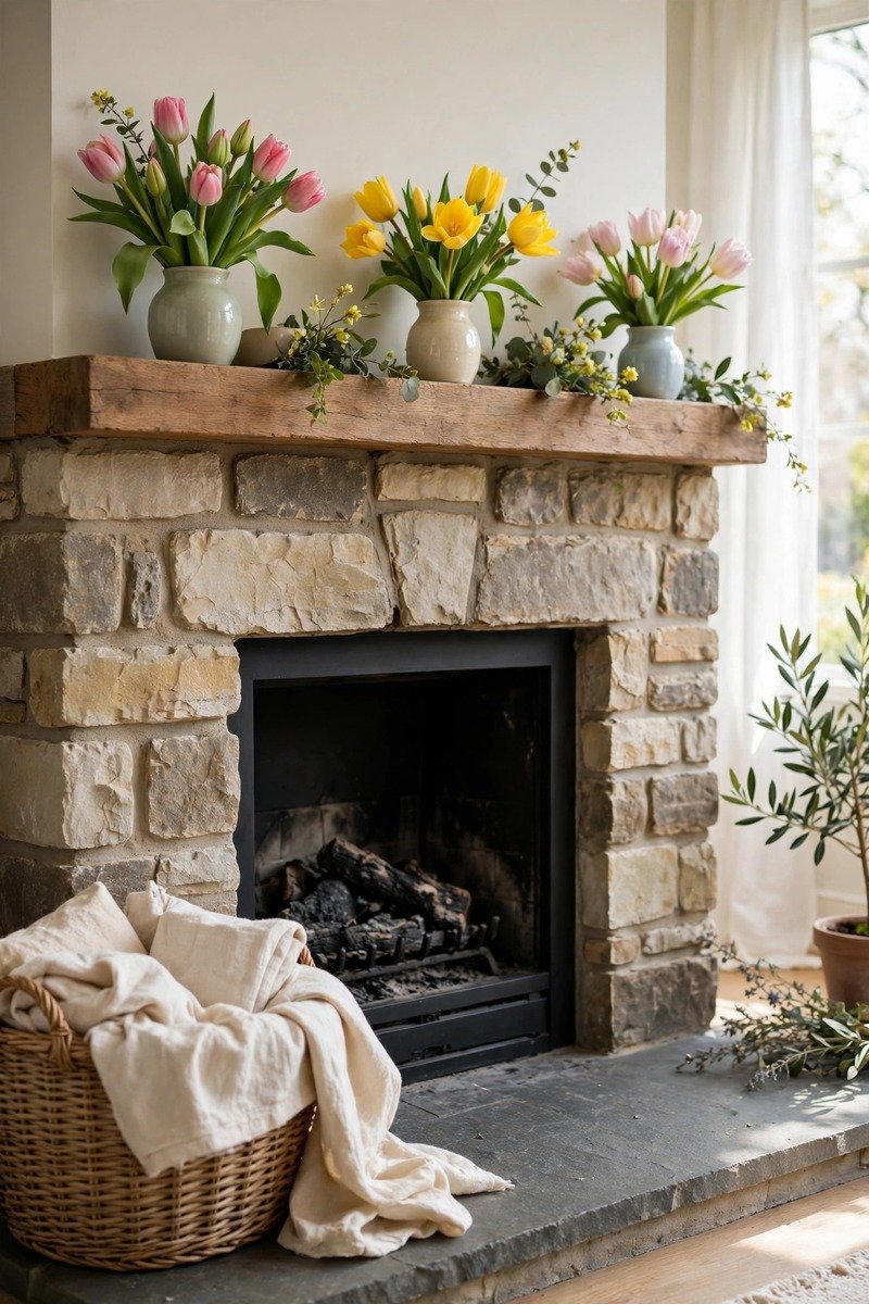 Woven basket with linen beside a fireplace