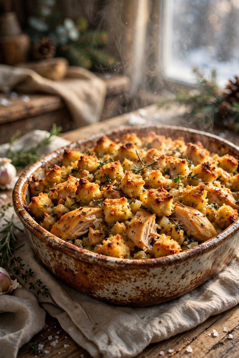 Chicken and stuffing bake in a dish