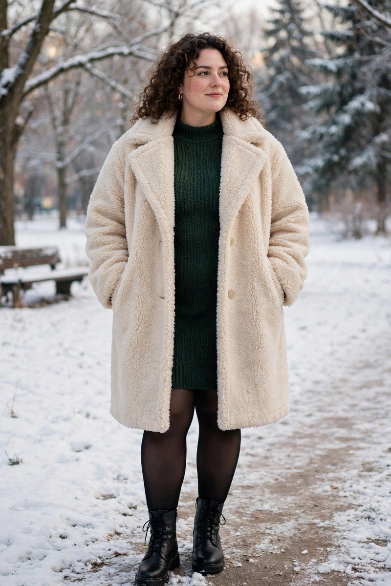 Teddy coat over a knit dress outfit