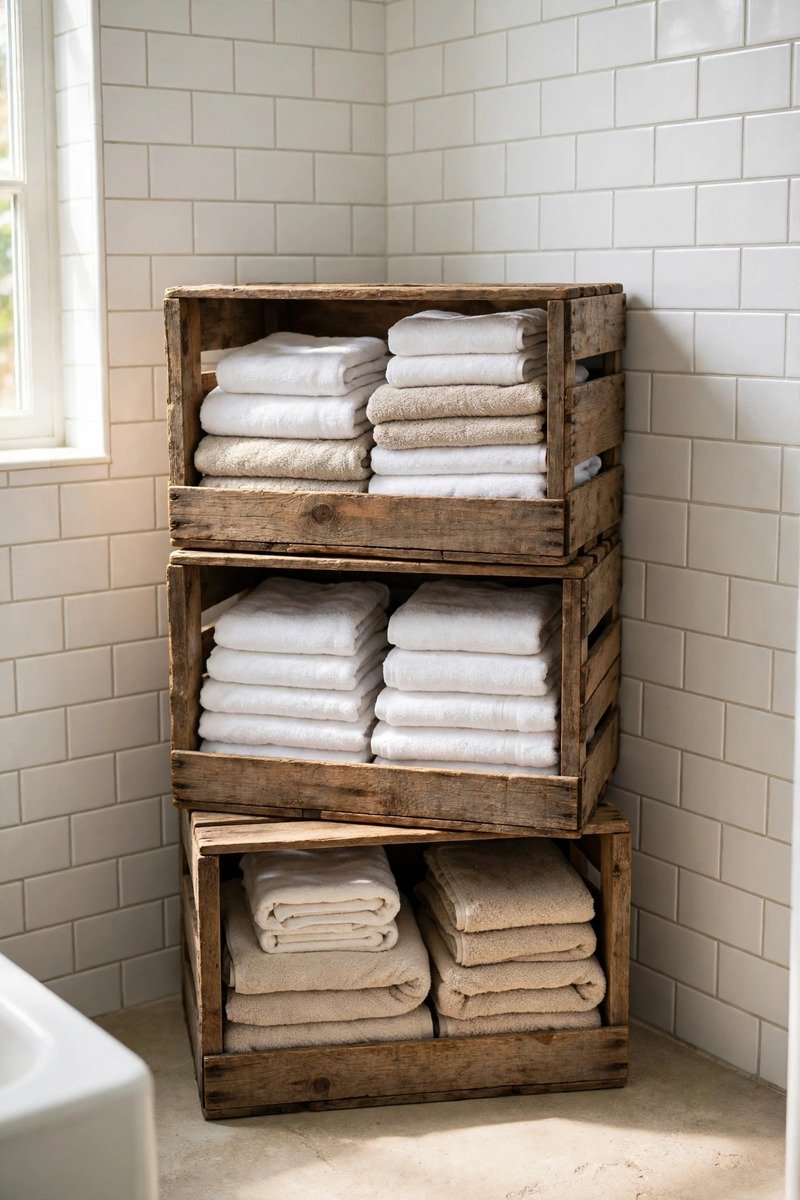 Stacked wooden crates holding folded towels