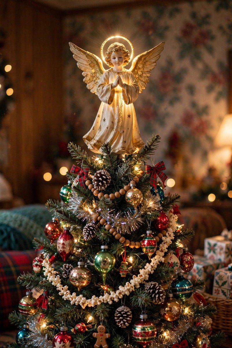 Vintage angel tree topper, glowing