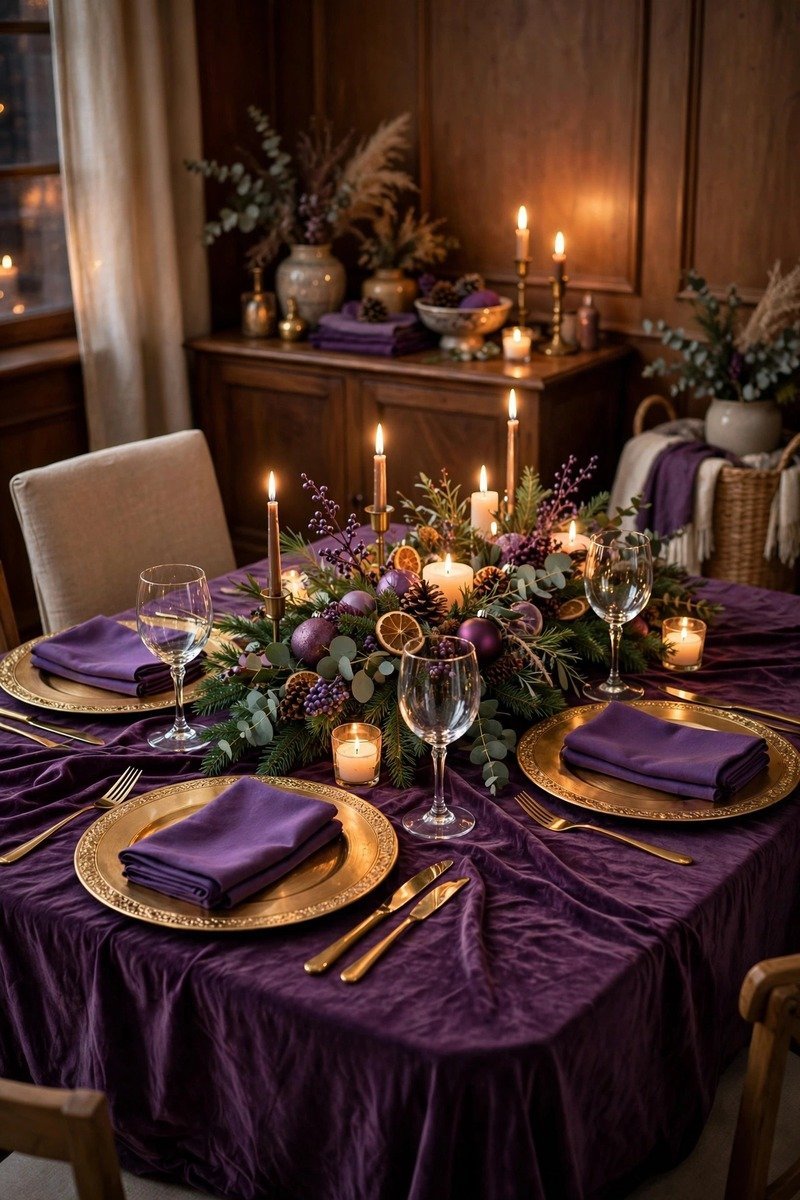 Holiday dining table with purple tablecloth, gold chargers and violet napkins