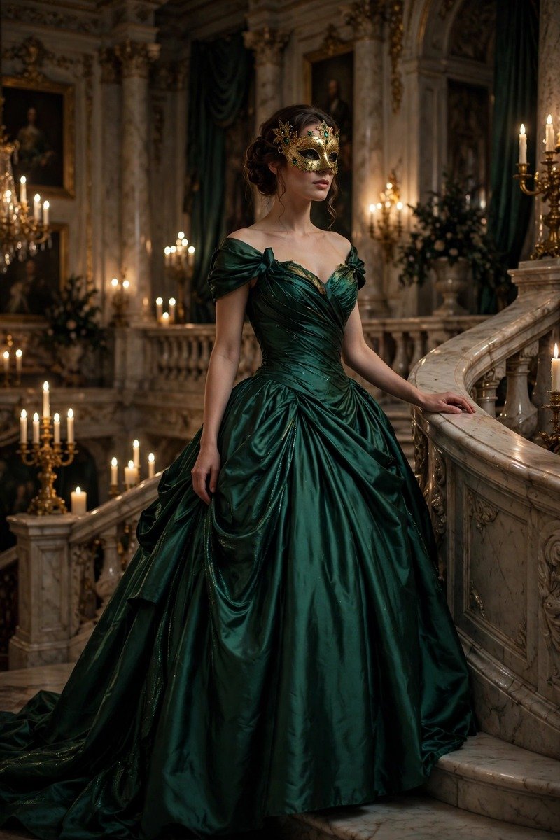 Dark romantic outfit with black corset dress and lace mask