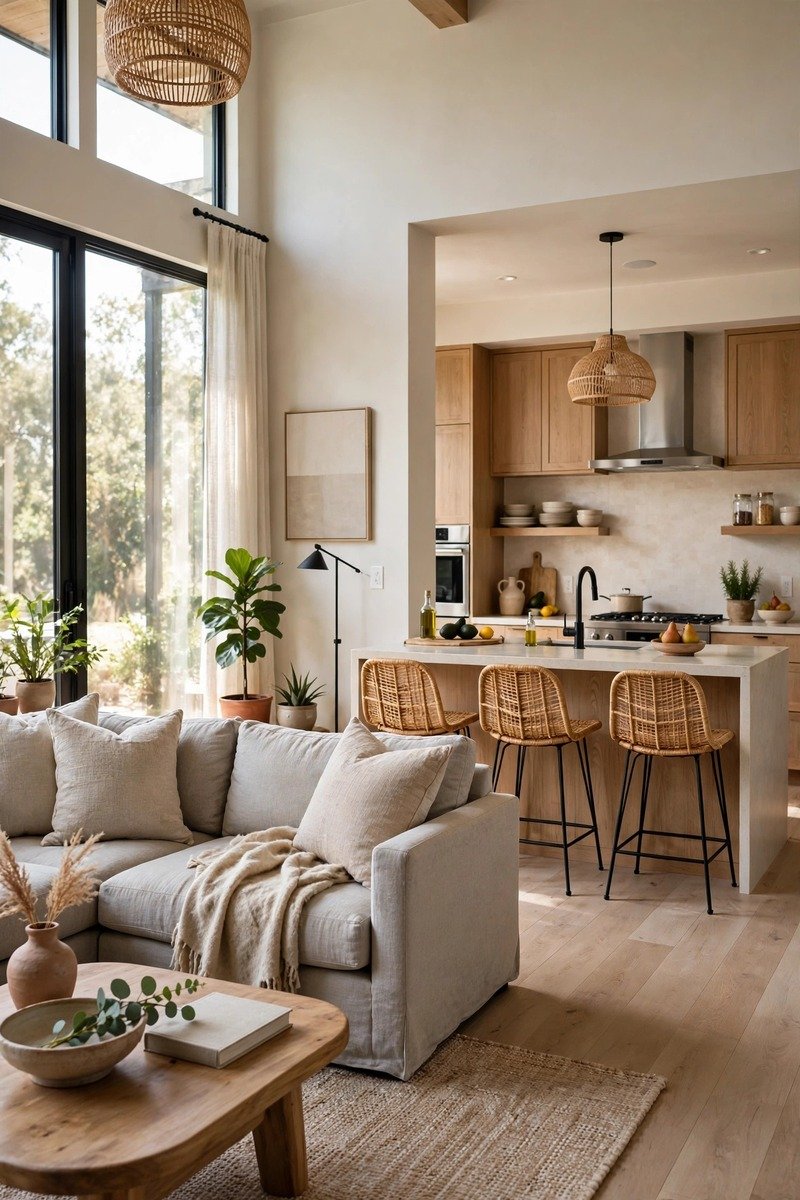 Open-concept living room flowing into dining area with cohesive decor