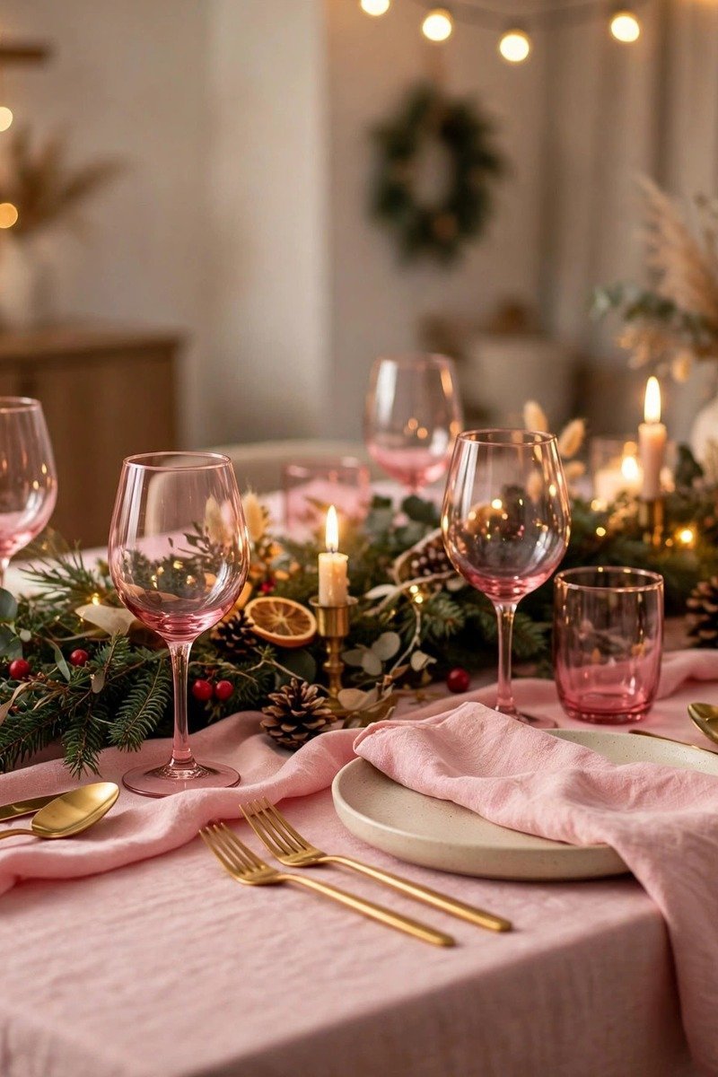 Holiday dining table with pink linens, gold flatware and pink glassware