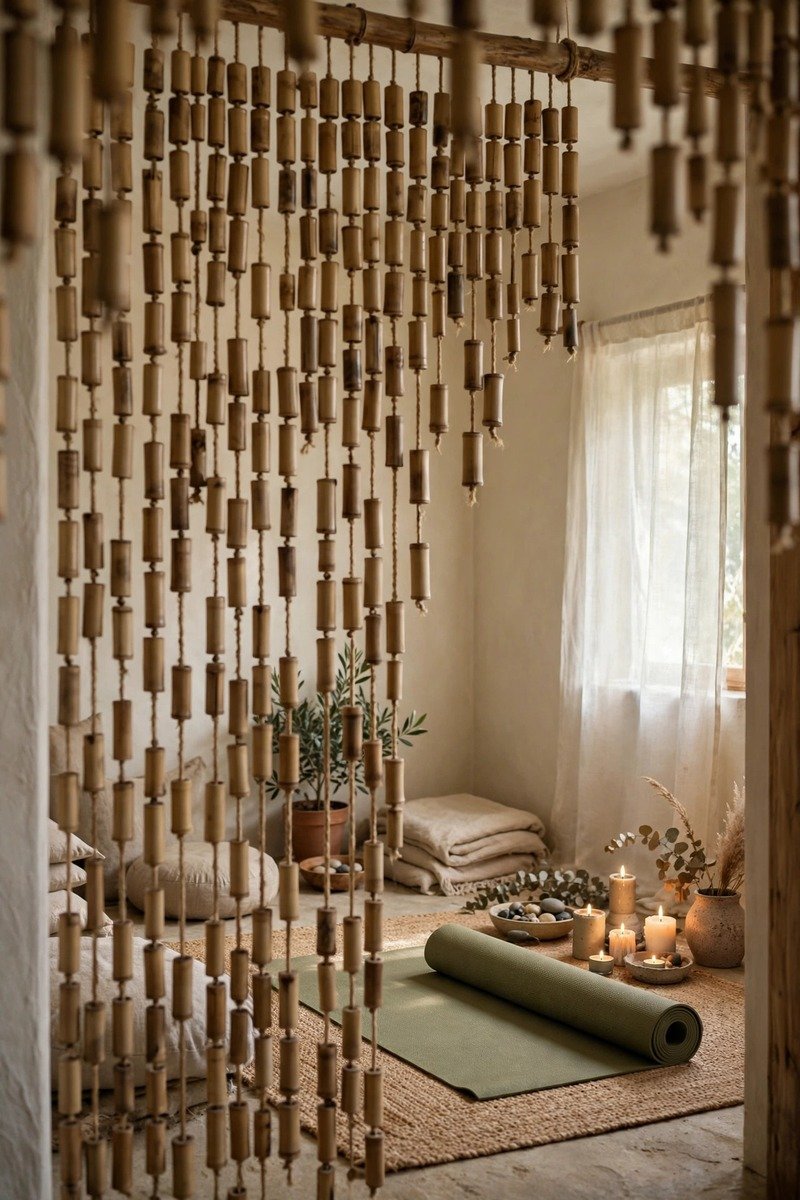 Bamboo beaded curtain creating a calm meditation corner with cushions and candles