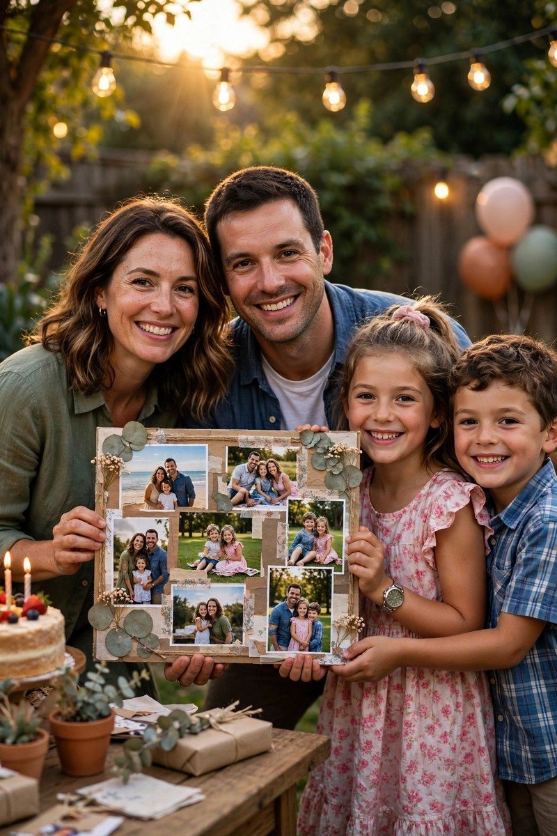 Warm family photo birthday magazine cover with group portrait and heartfelt headlines