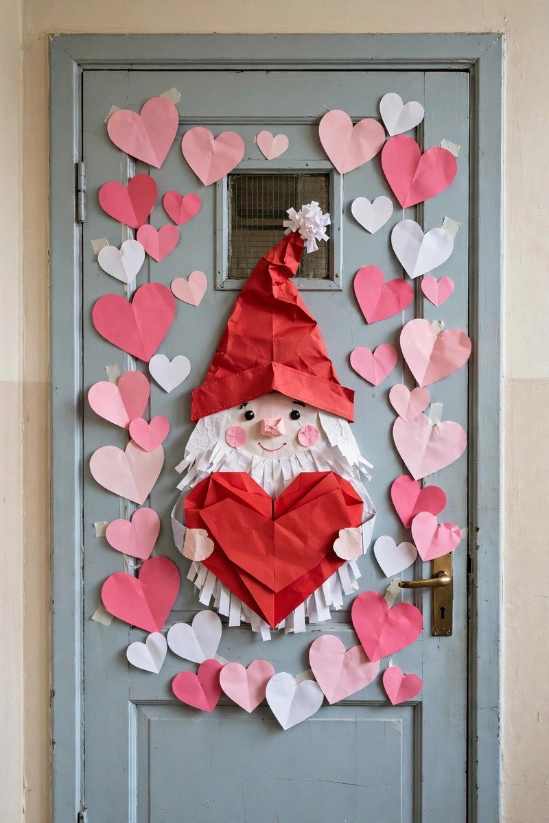 Classroom door with a cute gnome holding a big heart