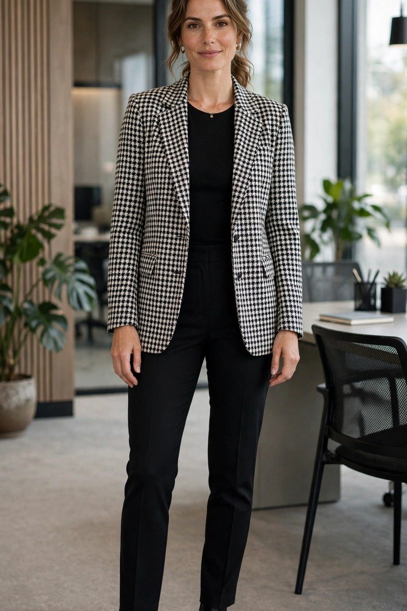 Woman in houndstooth blazer with black top