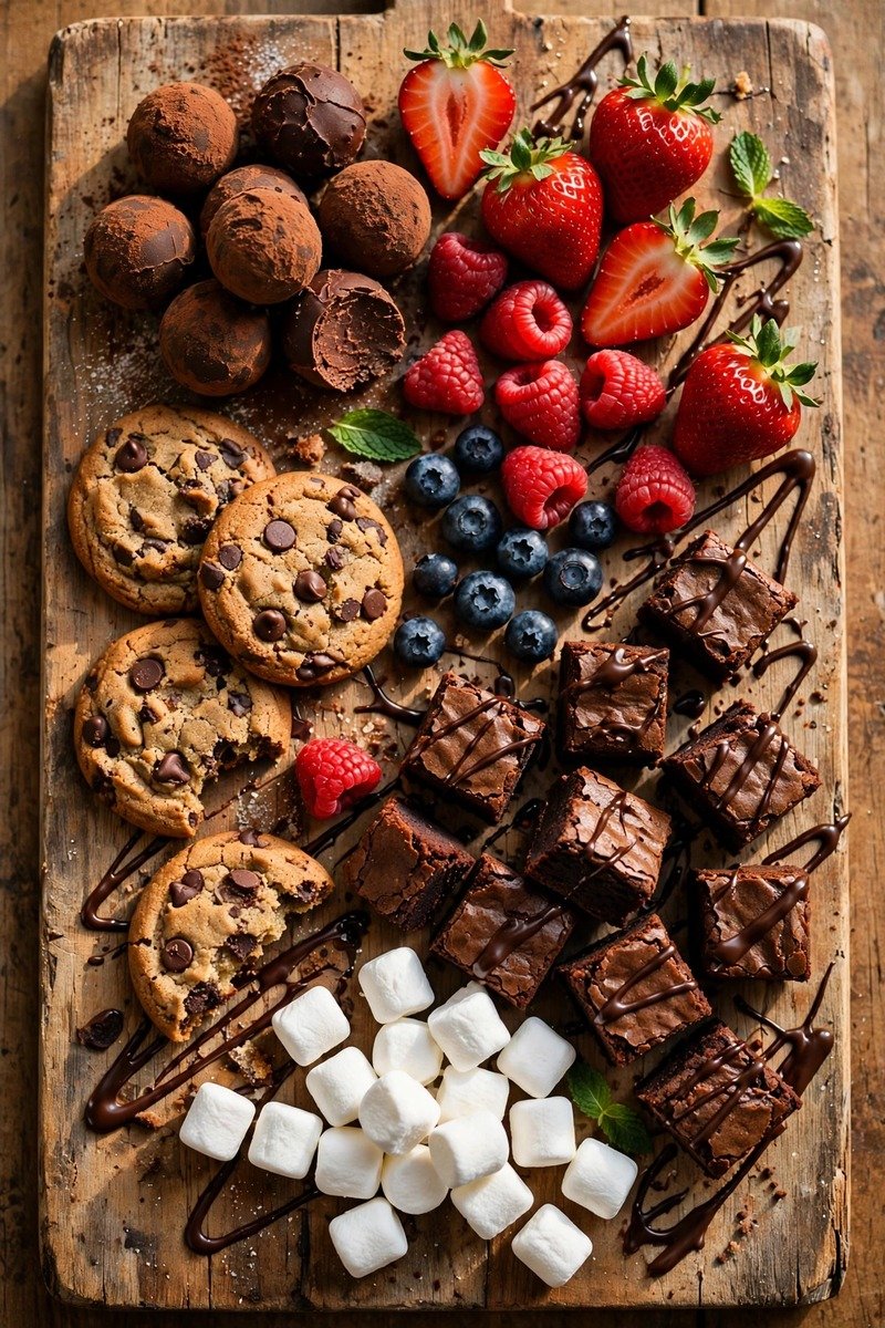 Dessert charcuterie board with chocolate and berries