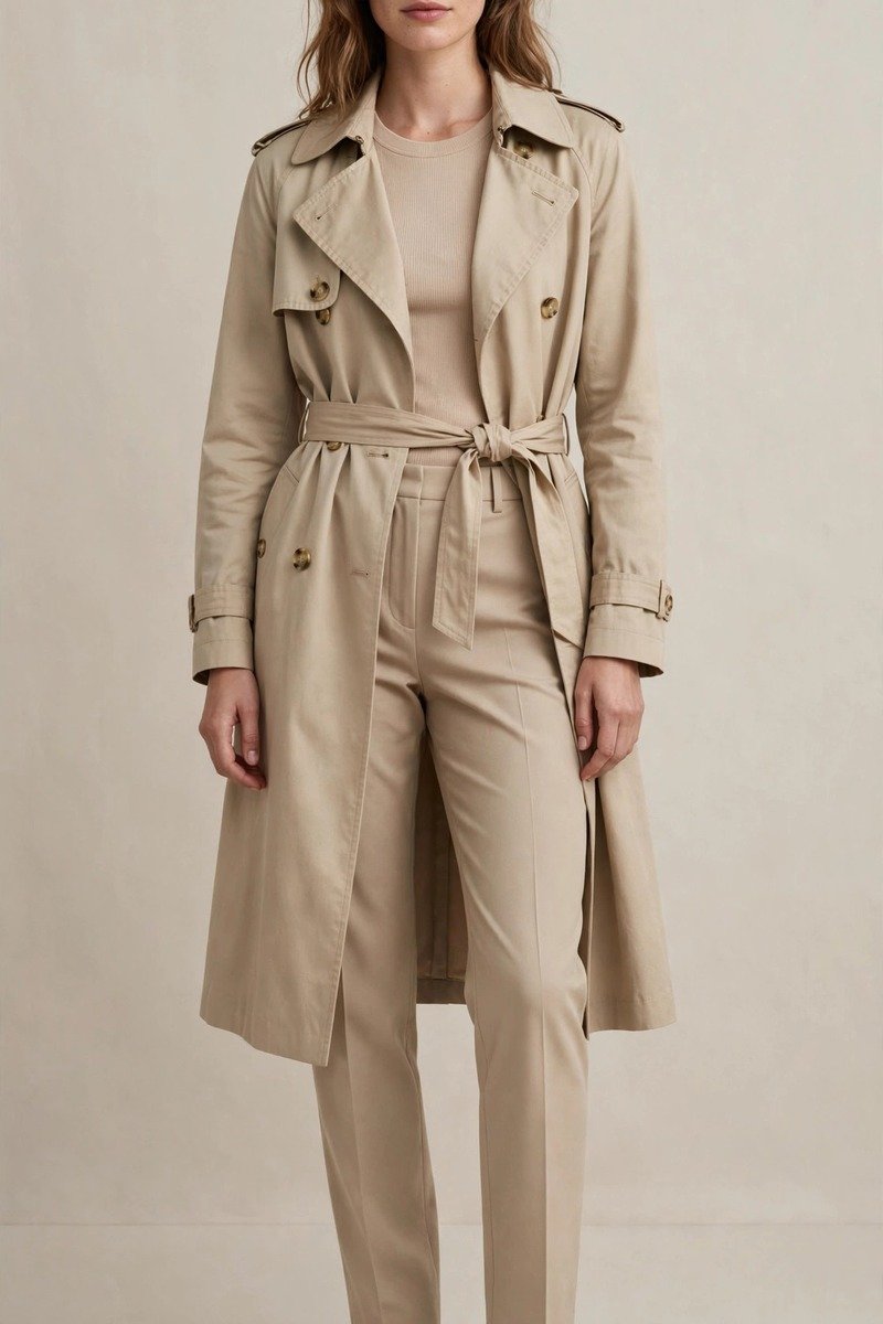 Woman in monochrome beige trench coat outfit