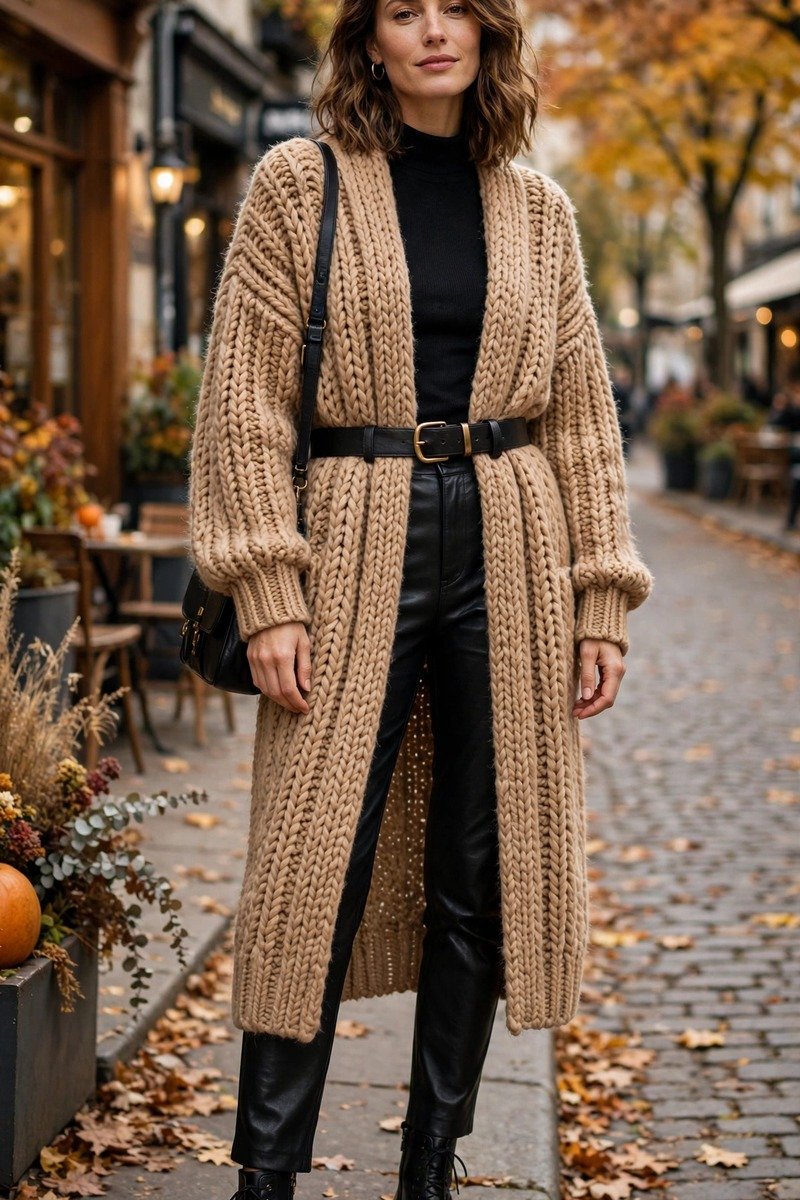 Woman in leather pants with oversized cardigan