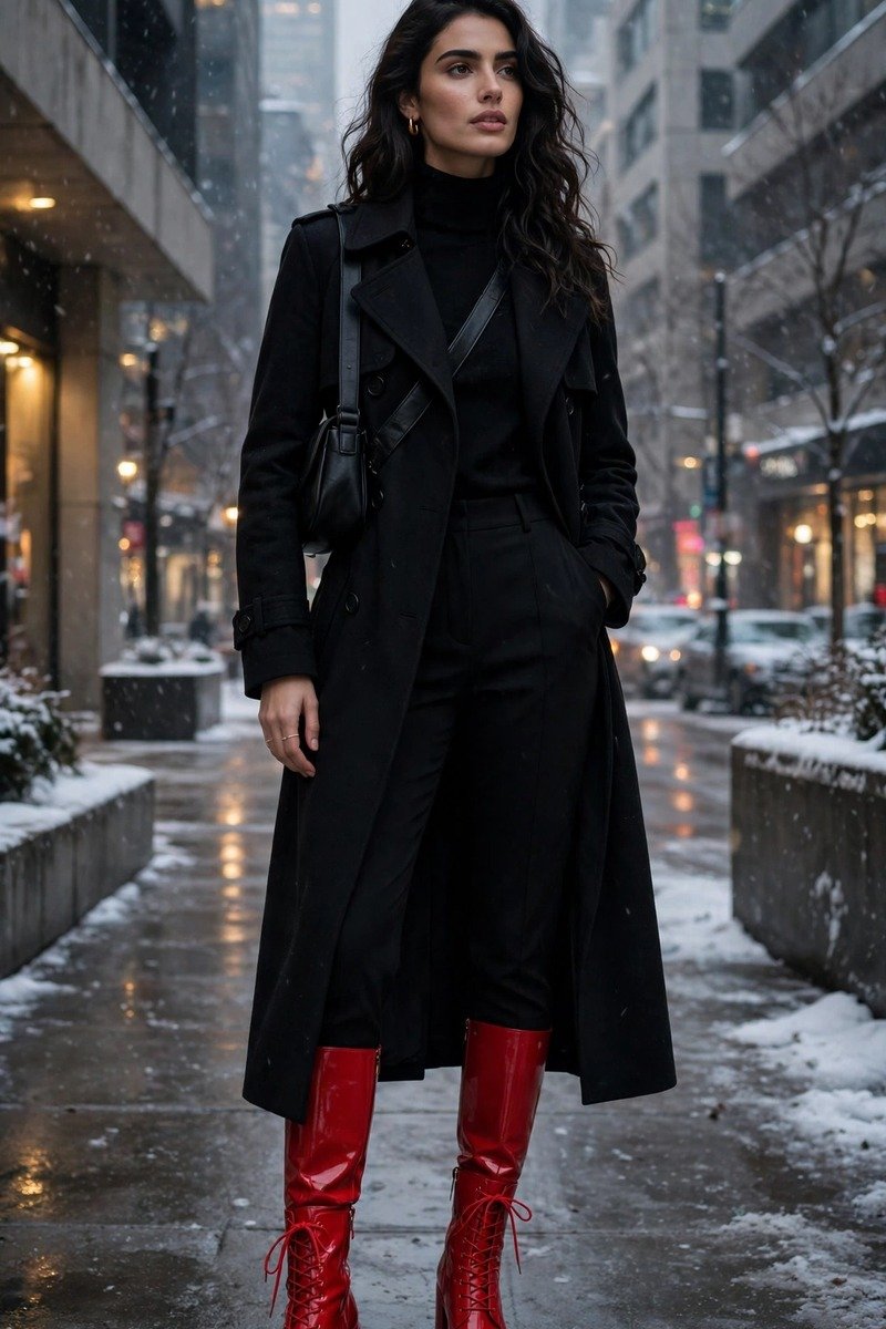 Woman in red boots with all-black outfit