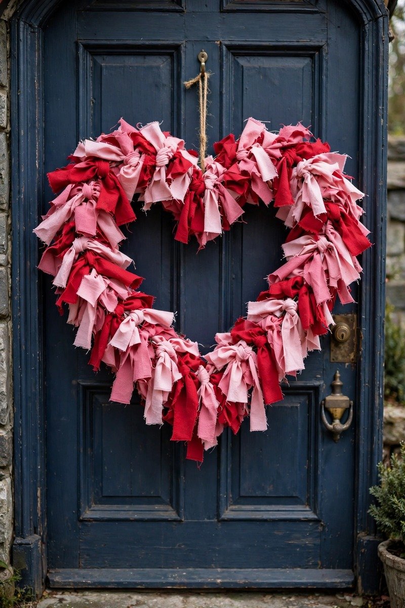 Fabric strip heart rag Valentine's wreath