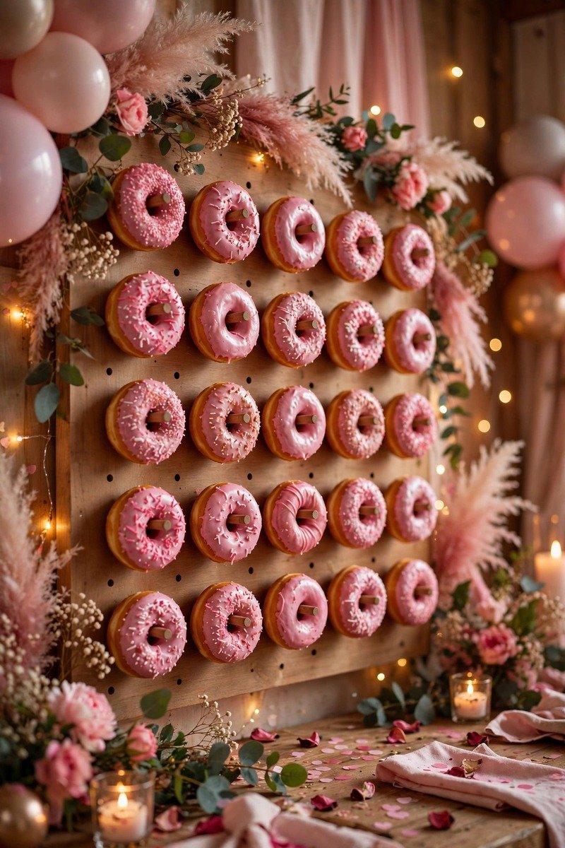Donut wall with pink frosted donuts