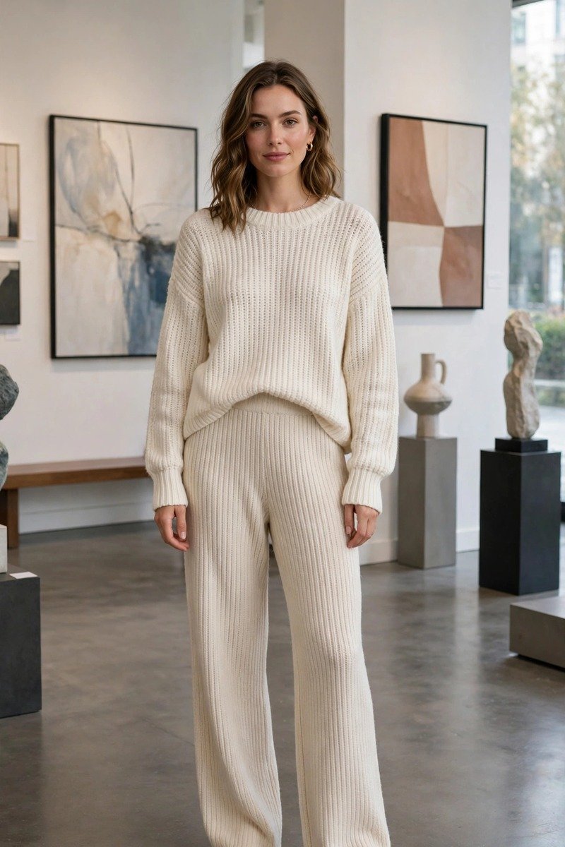 Woman in a matching knit set at an art gallery