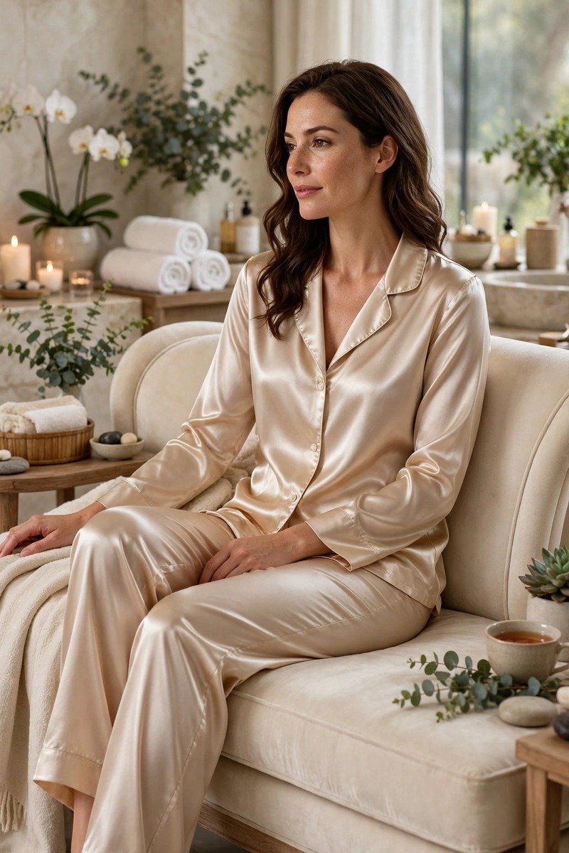 Woman in champagne satin pajama set at a spa