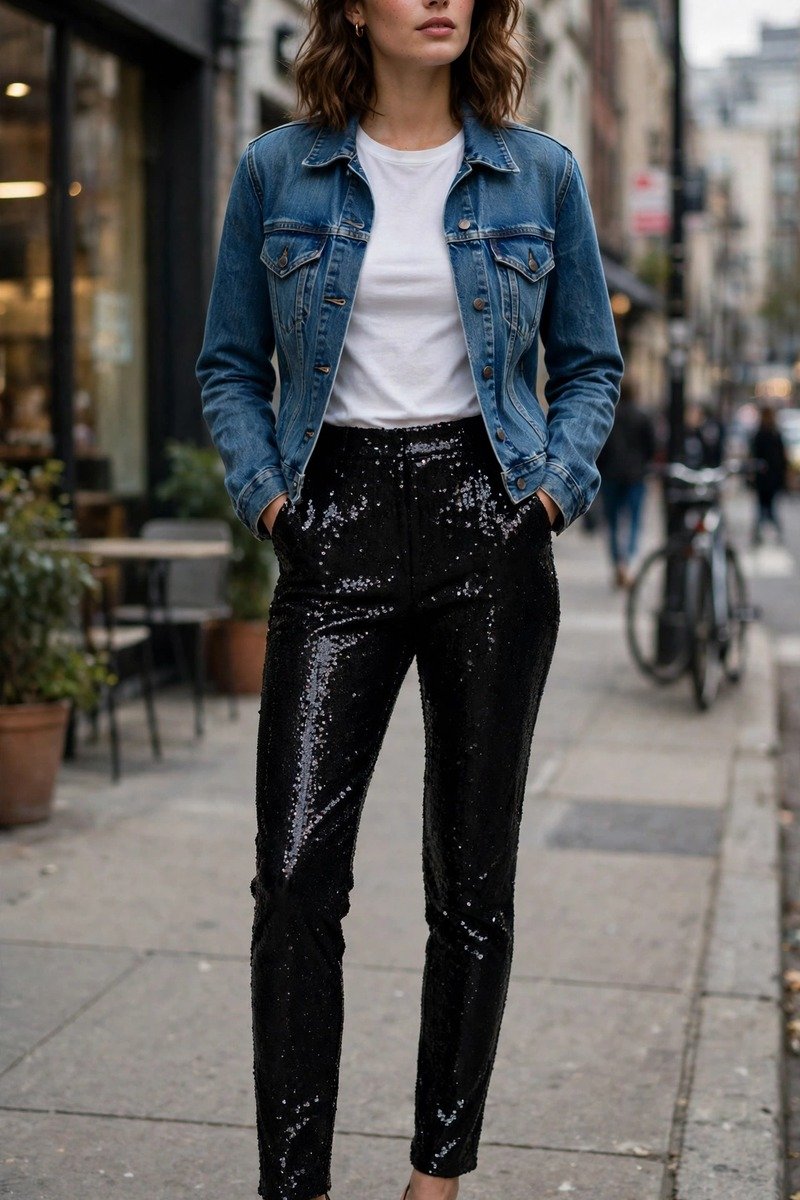 Woman in black sequin pants with a denim jacket