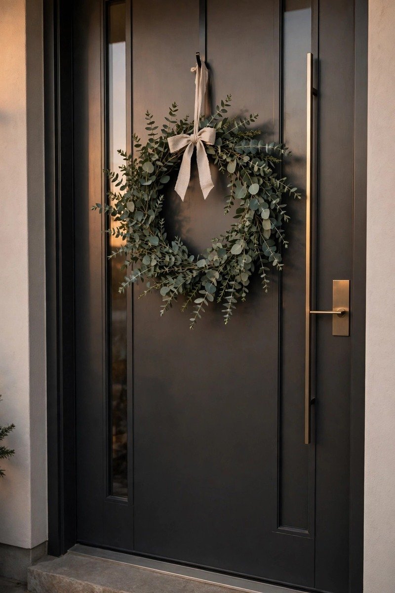 Minimalist eucalyptus Christmas wreath in simple modern style
