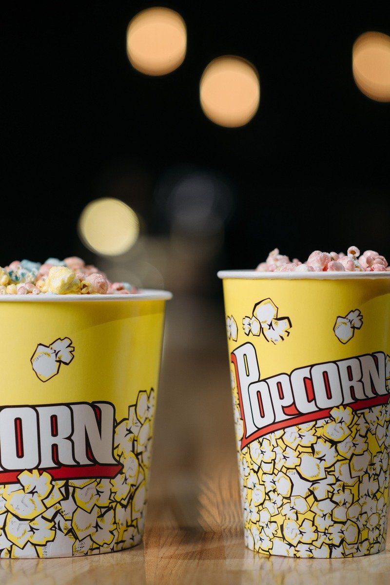 Colorful gourmet popcorn buckets