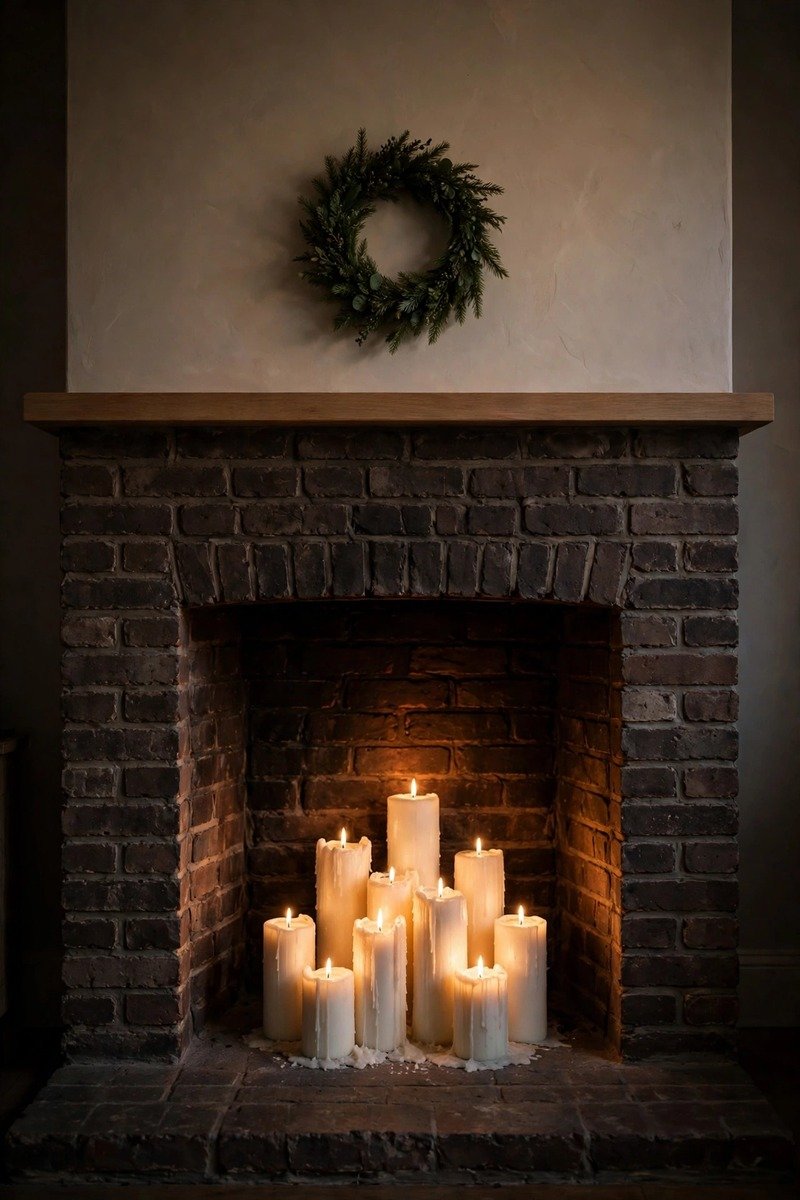 Pillar candles glowing inside a fireplace firebox