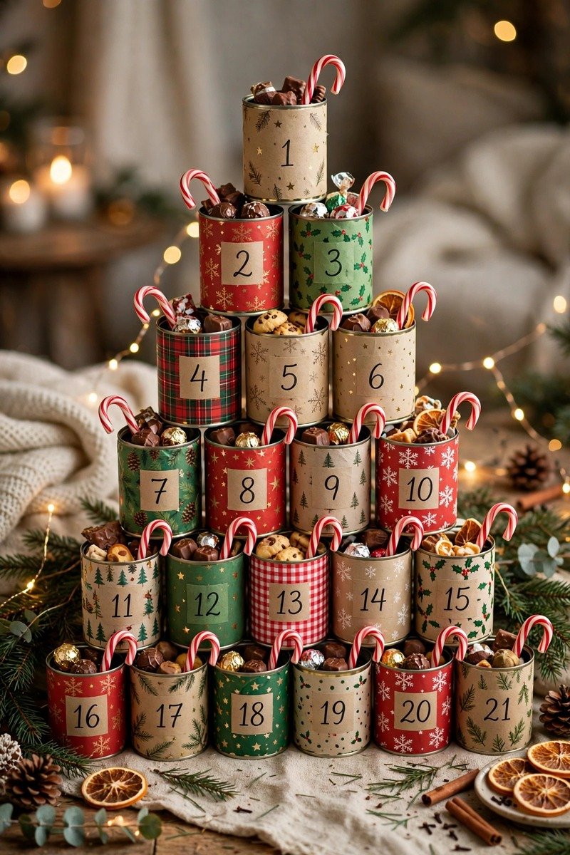 Advent calendar made from decorated tin cans