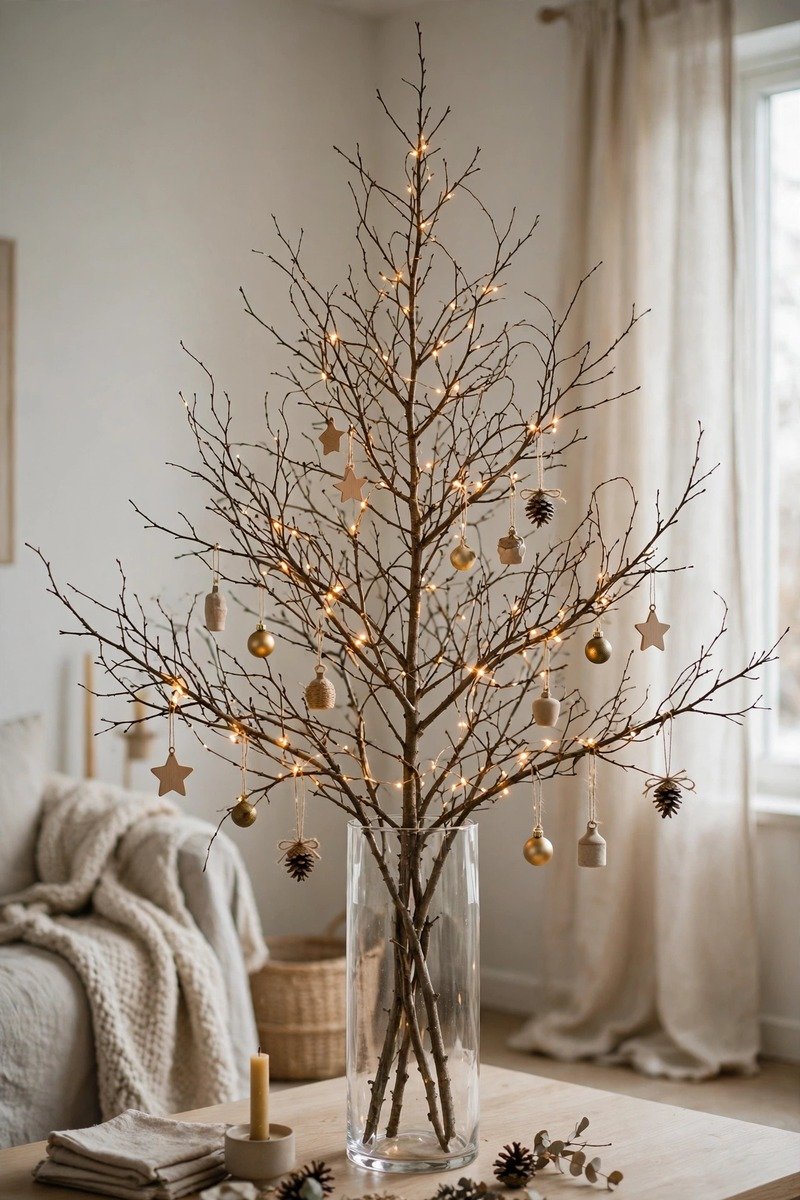 Christmas branch tree in a tall vase with hanging ornaments