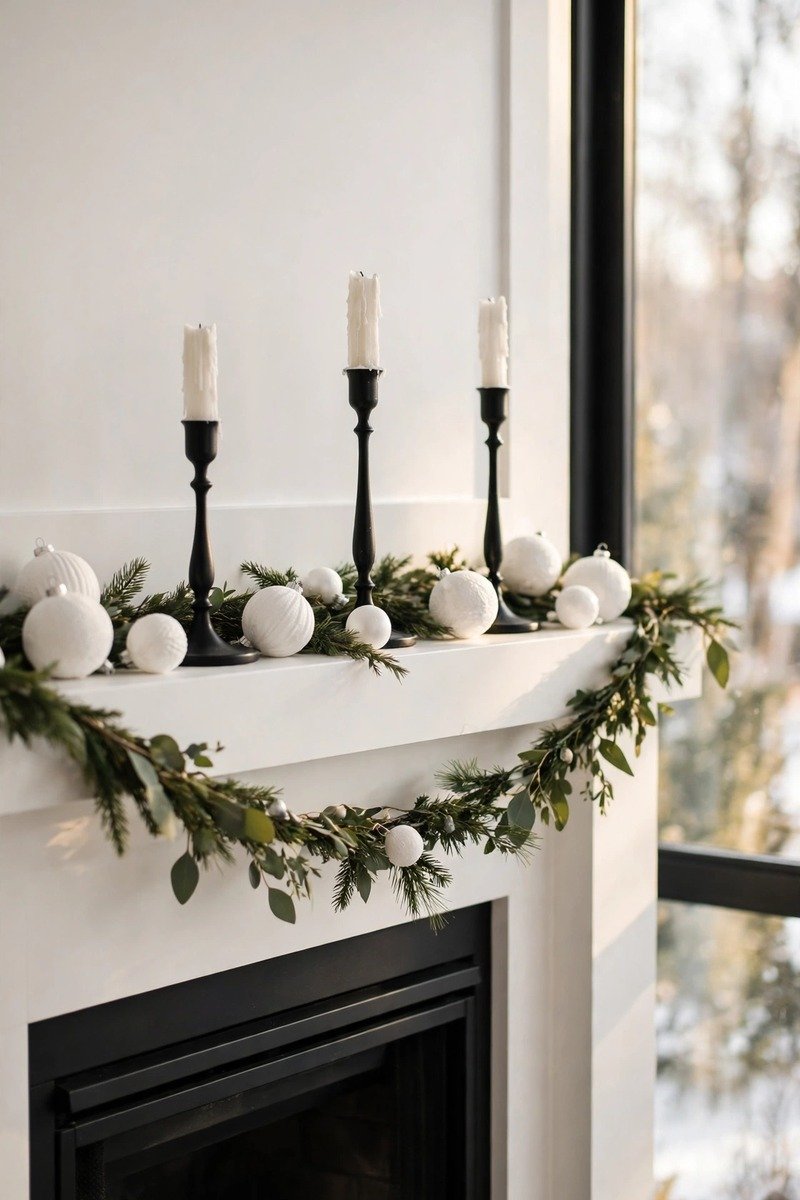 Black and white modern Christmas mantle decor with candles