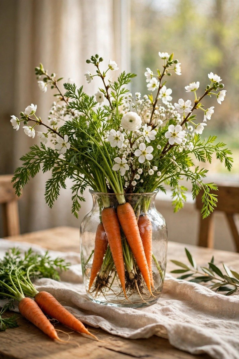 Carrots and white flowers in a clear vase centerpiece