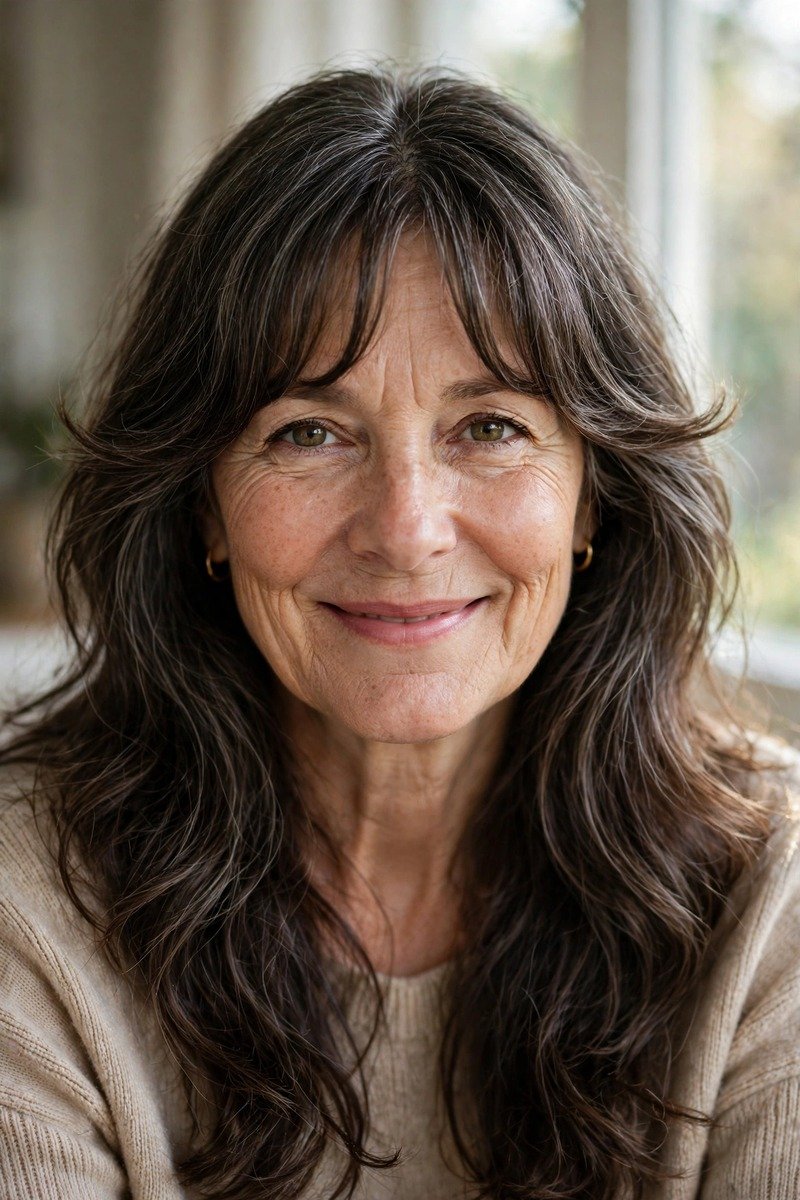 Woman over 50 with long hair and curtain bangs