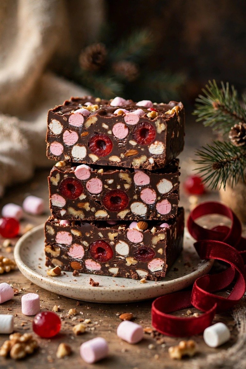 Rocky road slice with marshmallows and cherries