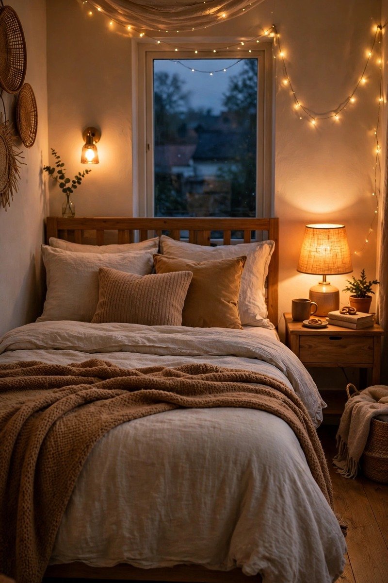 Small bedroom with layered warm lighting and lamps