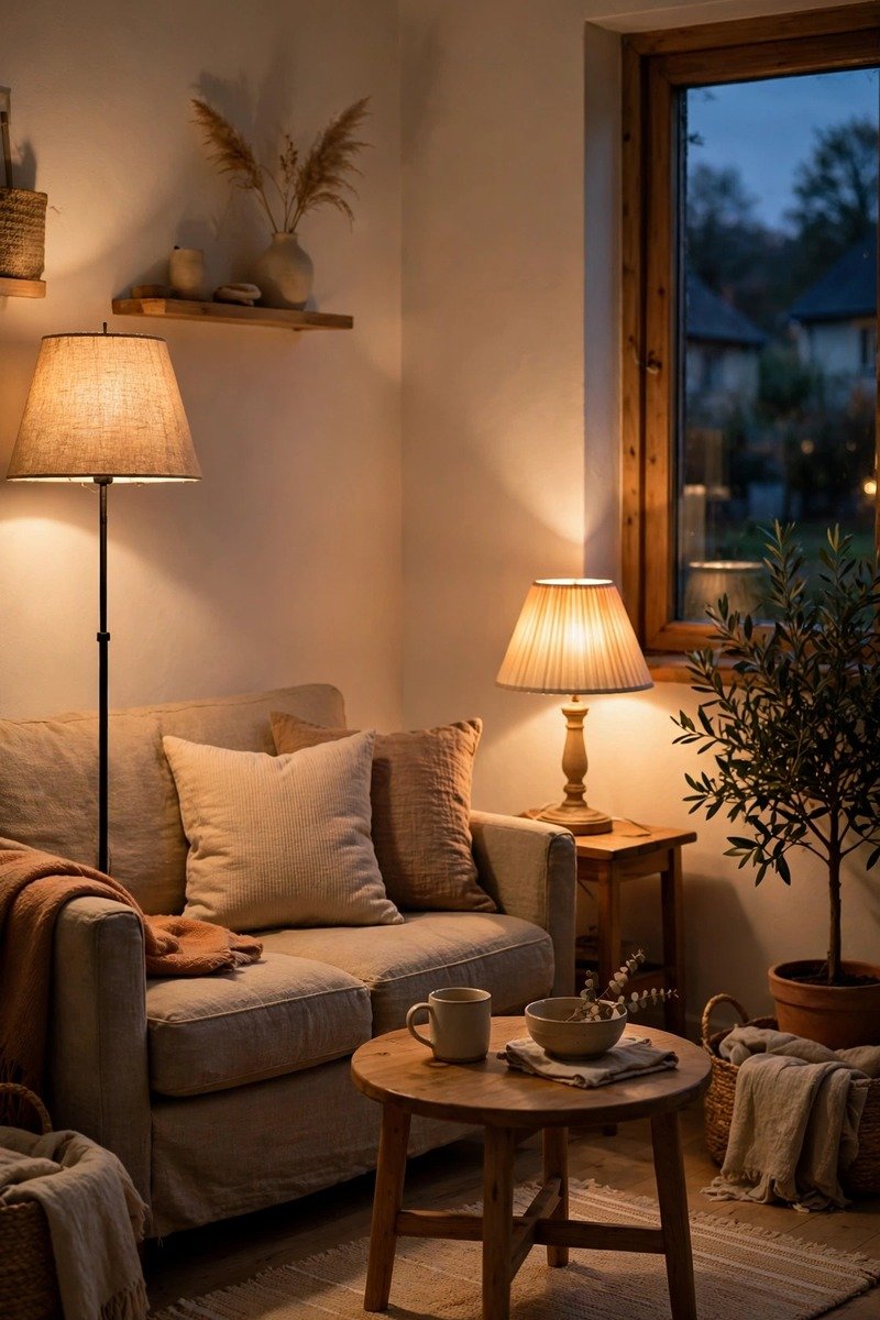 Small living room with layered lamp lighting