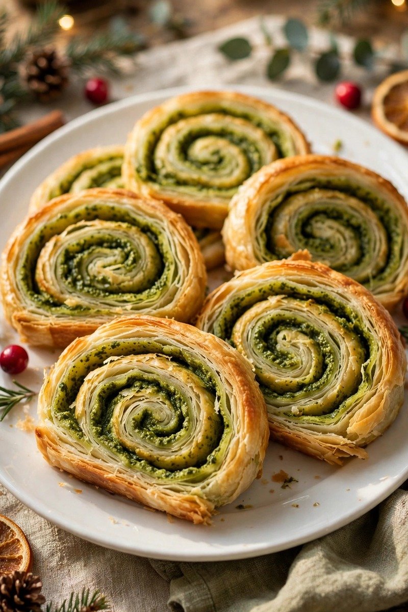 Pesto pinwheel slices on a serving plate