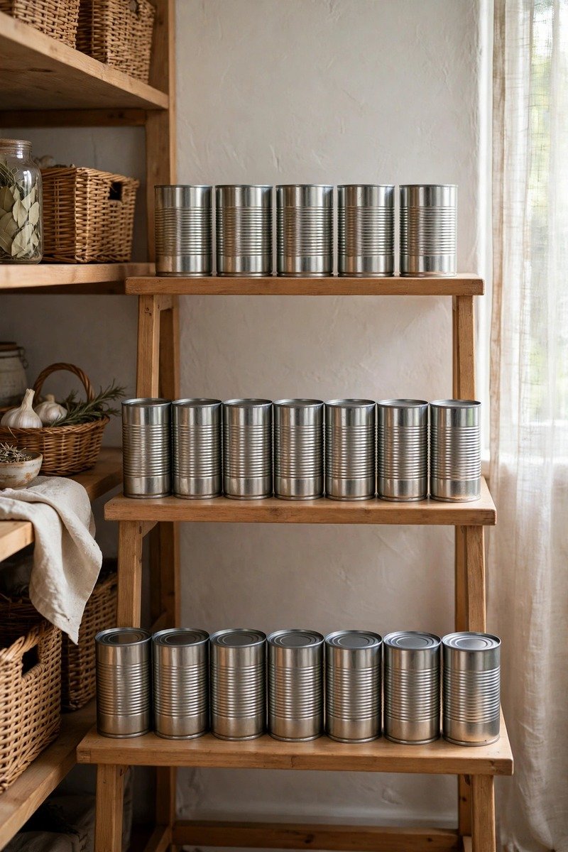Cans arranged on a tiered step rack in a pantry