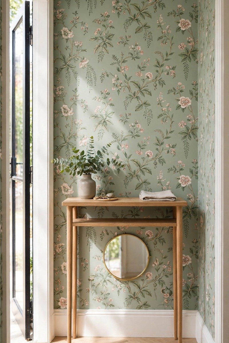 Patterned wallpaper in a small entryway