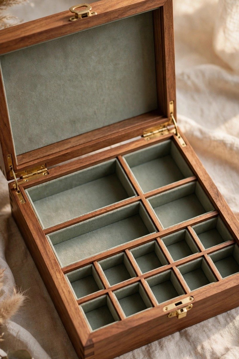 Wooden jewelry box with compartments