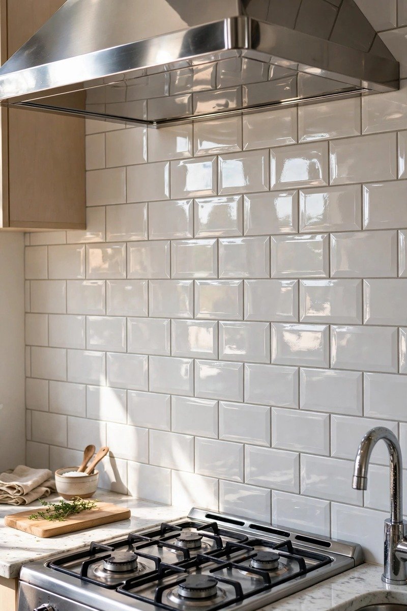 Glossy tile backsplash in a small kitchen
