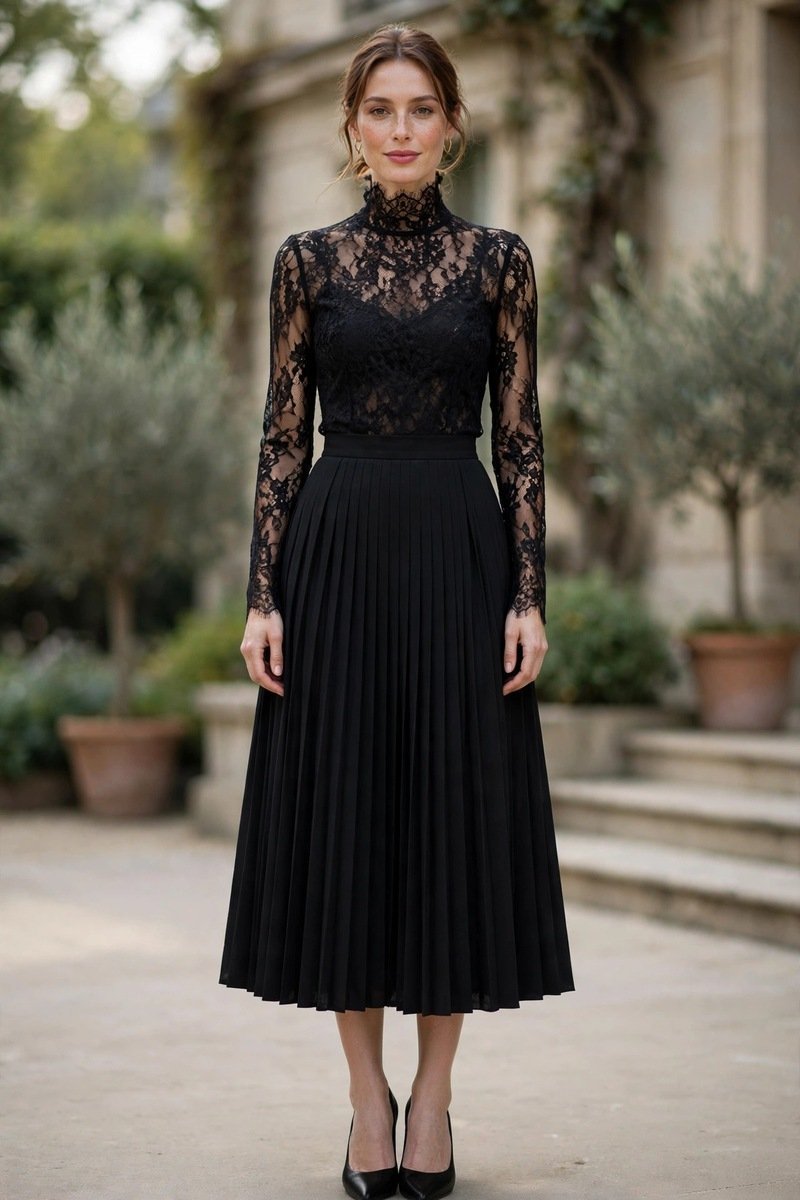 black high-neck lace top event outfit