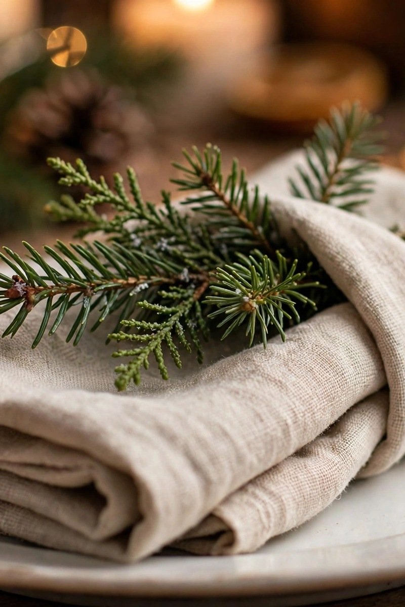 napkin with evergreen sprig Christmas place setting
