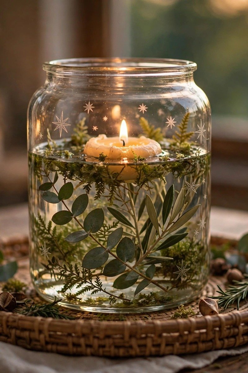 Yule crafts etched star jar with floating candle