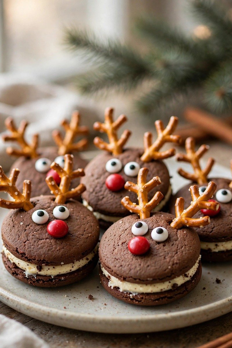 Reindeer face Christmas cookies with red candy noses