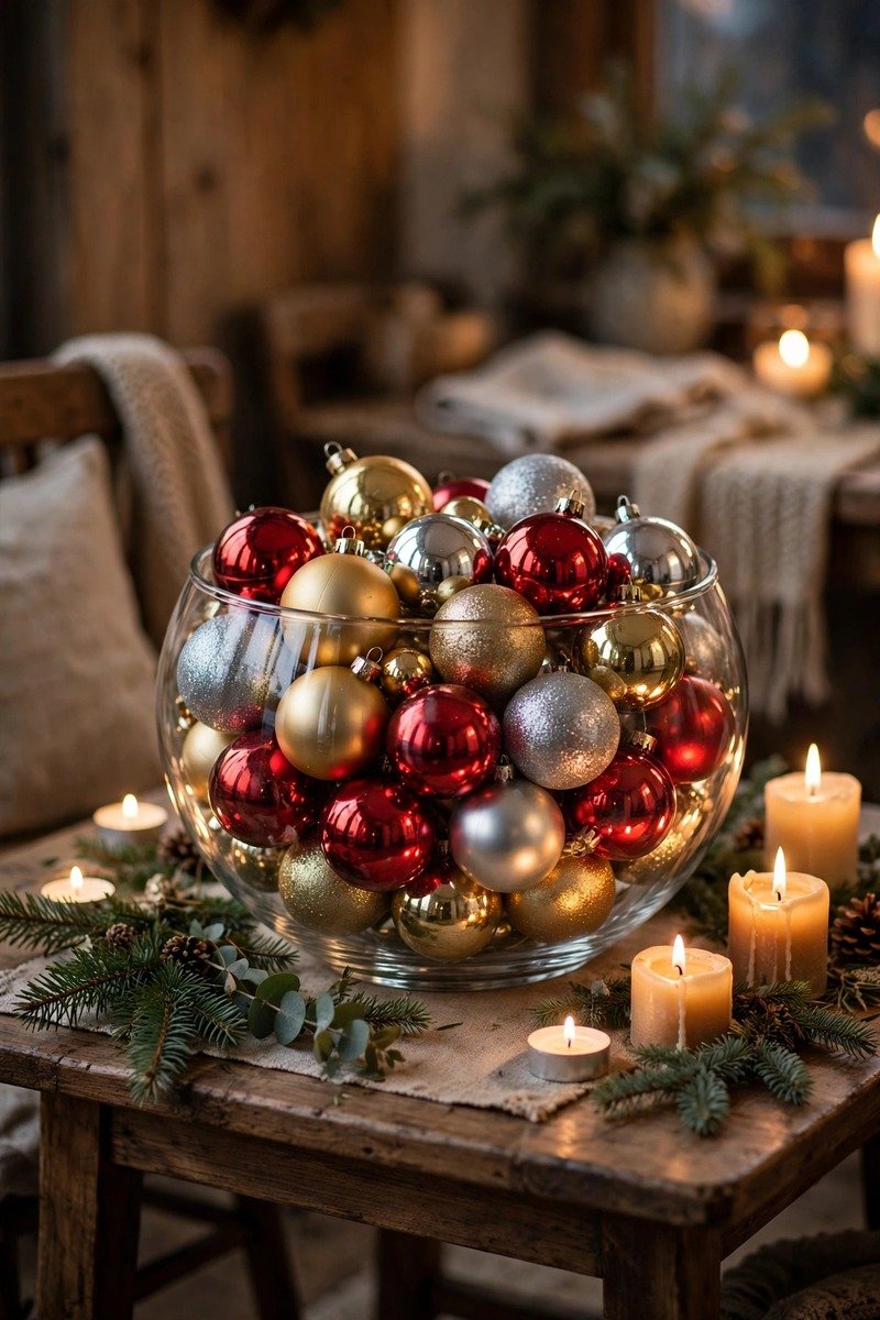 Bowl of Christmas ornaments as a table centrepiece