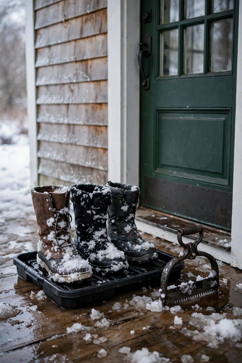 Boot tray and scraper beside a front door