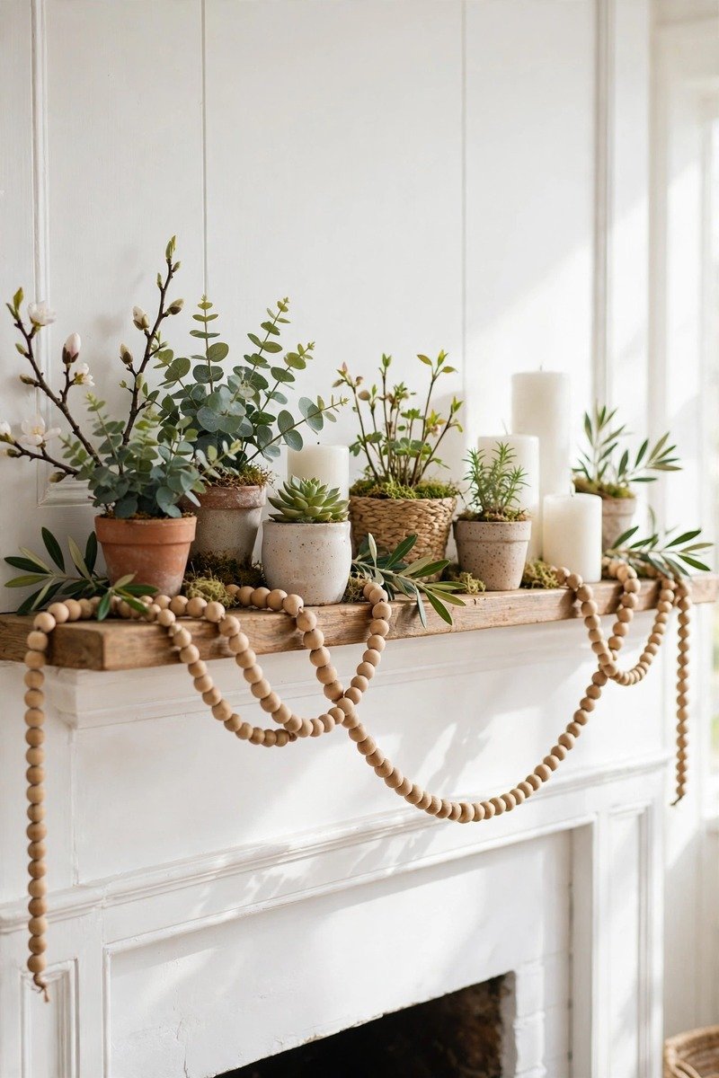 Wooden bead garland draped on a mantel
