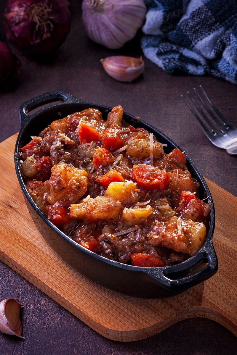 Beef and barley stew in a pot